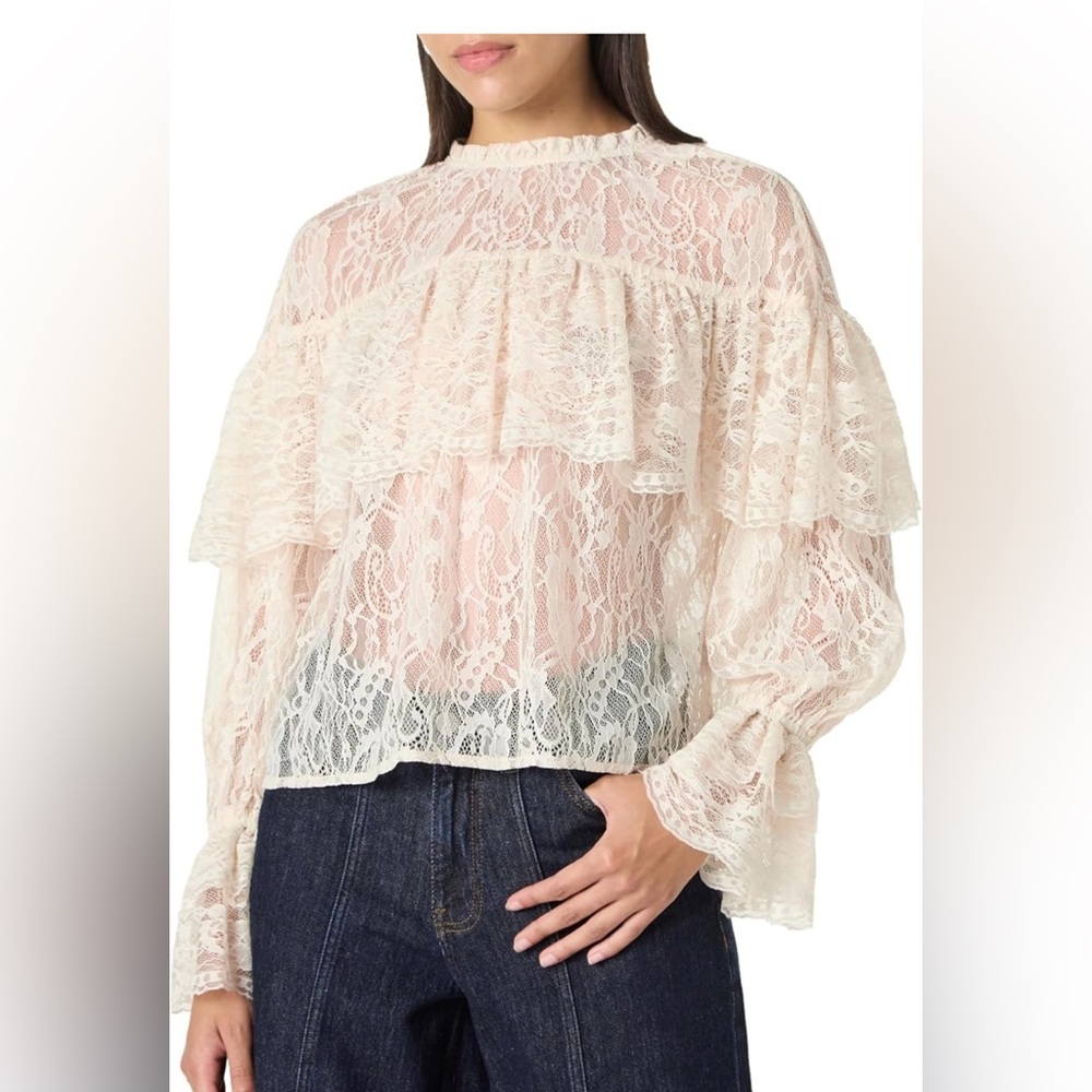 The Drop Shirt, Elegant Lace Ruffle Top - Cream, Size Medium